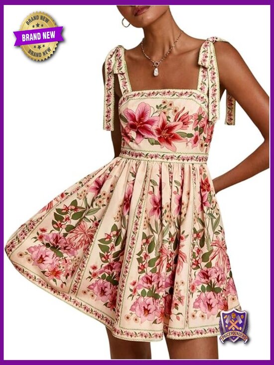 Dresses & Skirts - Sleeveless Floral Boho Mini Dress Square Neck Ruffle Hem Summer Casual